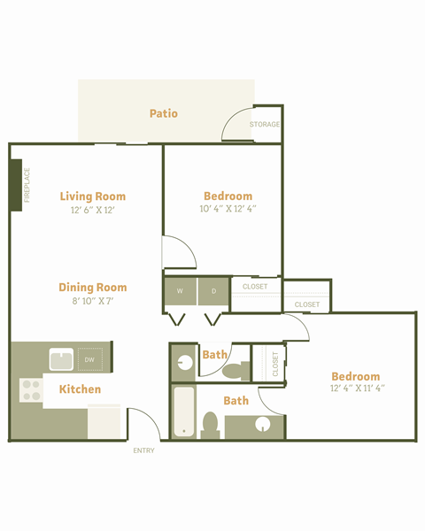 Floor plan for 2 beds, 1.5 baths, 960 sqft